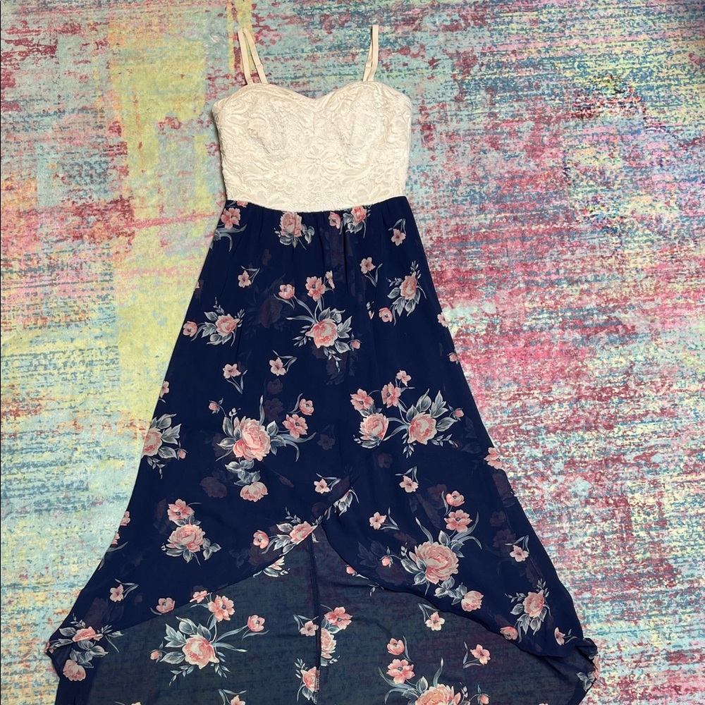 Lily Rose Cream Lace Bodice Navy Floral High-Low Dress